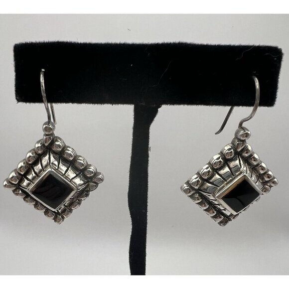 Southwest Sterling Silver and Black Onyx Raised Center Dangle Earrings - Picture 1 of 7